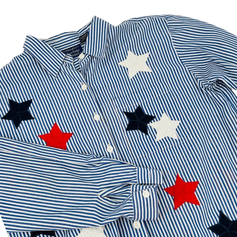 Willow Ridge Womens Blue White Striped Star Applique Button Down Shirt Large L